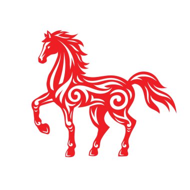Akan çizgiler, girdaplar, Çin sanatı ve zodyak sembolleriyle kırmızı kabile tarzı bir at çizimi..