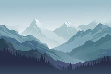 Katmanlı mavi sırtları, çam ağacı siluetleri ve sisli bir gökyüzü olan karlı dağ tepelerinin çizimi.