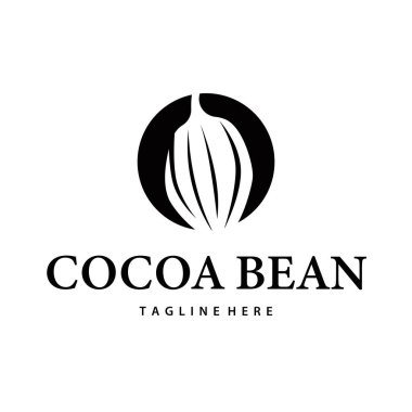 Kakao fasulyesi logo tasarımı konsepti. Çikolata, içecek silueti ve plantasyon sembolü illüstrasyon ikonu vektör tasarımı.