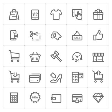 Icon Set - alışveriş ve ticaret anahattı kontur beyaz arka plan üzerinde illüstrasyon vektör