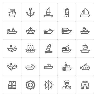 Simge seti - tekne ve anahat kontur vektör çizim beyaz arka plan üzerinde gemi