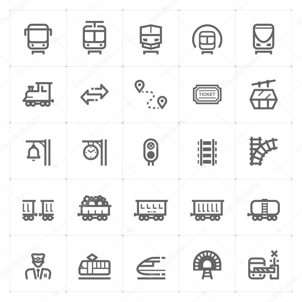 Icon set - train and transport outline stroke vector illustration on white background