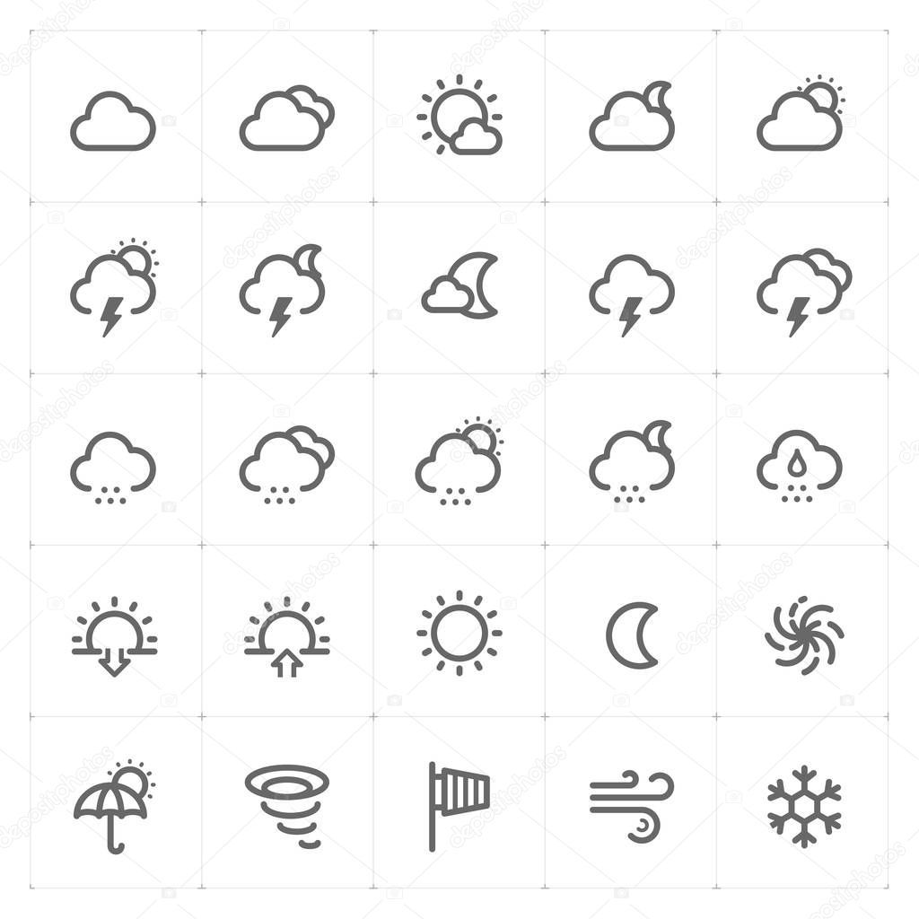 Icon set - weather and forecast outline stroke vector illustration on white background