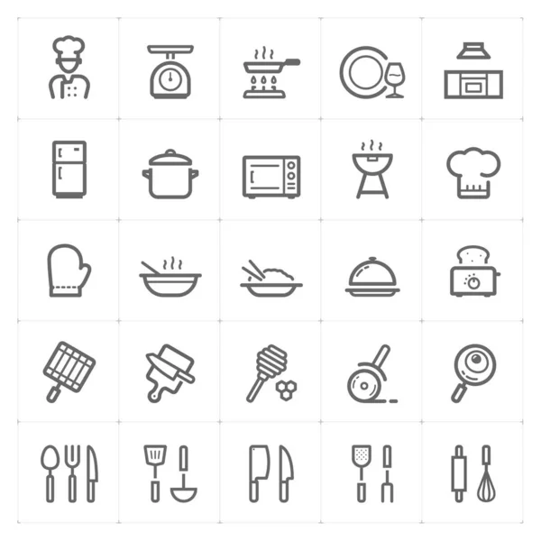 Icon Set Küchengeräte Und Kochumrisse Strichvektorillustration Auf Weißem Hintergrund — Stockvektor