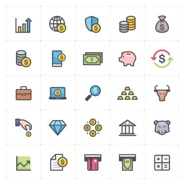 Simge seti - para ve finans ana hatları beyaz arkaplanda renk vektörü çizimi ile