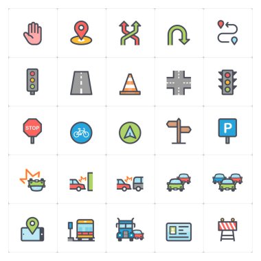 Simge seti - beyaz arkaplanda renk vektörü çizimi ile trafik ve kaza ana hatları vuruşu