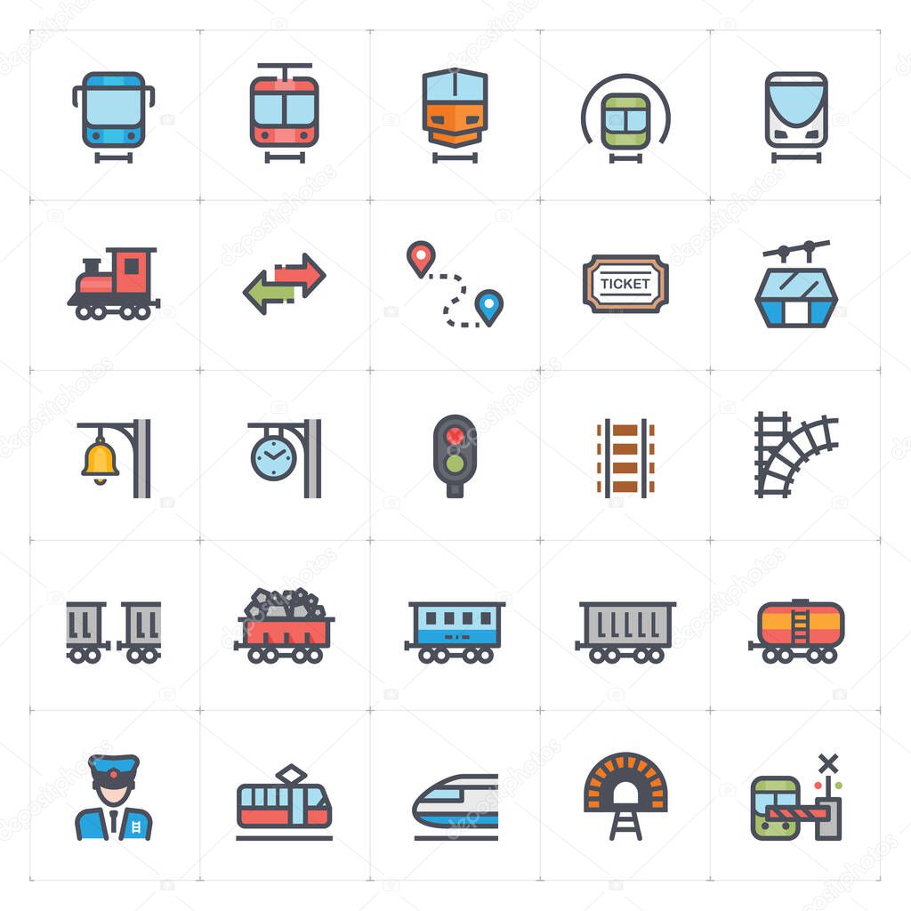 Icon set  train and transport outline stroke with color vector illustration on white background
