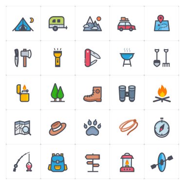 Simge seti - Beyaz arkaplanda renk vektörü çizimi ile kamp ana hatları vuruşu