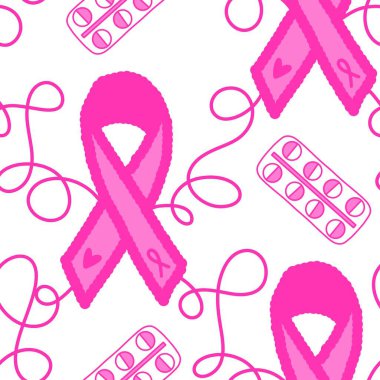 Göğüs kanseri ayı, ambalaj kağıdı, tıbbi aksesuar ve ilaç tekstili için kusursuz pembe kurdele günü deseni. Yüksek kaliteli illüstrasyon