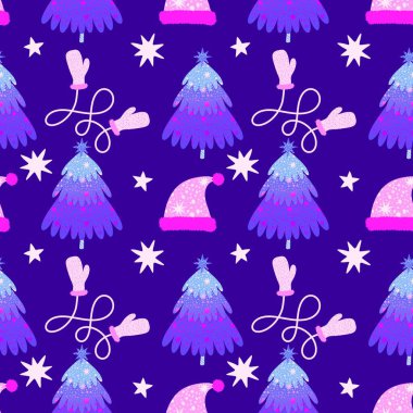 Noel ağacı kağıtları, kumaşlar, çarşaflar, yeni yıl ambalajları, çocuk giysileri baskısı ve Noel partisi aksesuarları için kusursuz kış oyuncakları deseni. Yüksek kaliteli illüstrasyon