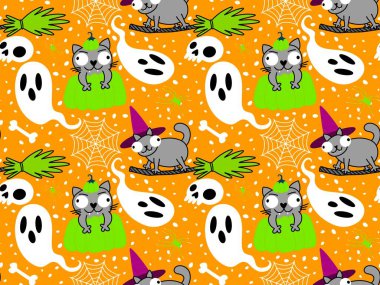 Cadılar Bayramı hayvanları kağıt, kumaş, çarşaf ve çocuk kıyafetleri ve parti aksesuarları için kusursuz kedi desenleri. Yüksek kaliteli illüstrasyon