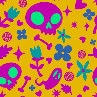 Cadılar Bayramı hayaletleri kağıt, kumaş, çarşaf ve çocuk giysileri baskısı, ambalaj ve şenlikli aksesuarlar için kusursuz çizgi film desenleri. Yüksek kaliteli illüstrasyon