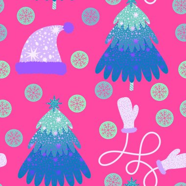 Noel ağacı kağıtları, kumaşlar, çarşaflar, yeni yıl ambalajları, çocuk giysileri baskısı ve Noel partisi aksesuarları için kusursuz kış oyuncakları deseni. Yüksek kaliteli illüstrasyon