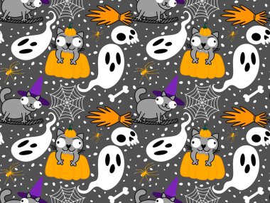 Cadılar Bayramı hayvanları kağıt, kumaş, çarşaf ve çocuk kıyafetleri ve parti aksesuarları için kusursuz kedi desenleri. Yüksek kaliteli illüstrasyon