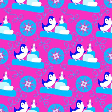 Noel hayvanları kağıt, kumaş, çarşaf, çocuk giysisi baskısı, yeni yıl ambalajı ve Noel kış ambalajı için kusursuz penguen desenleri. Yüksek kaliteli illüstrasyon