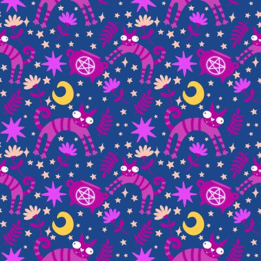 Cadılar Bayramı hayvanları kağıt, kumaş, çarşaf ve çocuk kıyafetleri ve parti aksesuarları için kusursuz kedi desenleri. Yüksek kaliteli illüstrasyon