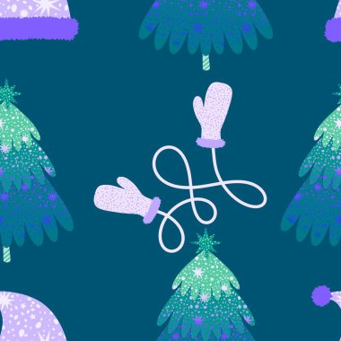 Noel ağacı kağıtları, kumaşlar, çarşaflar, yeni yıl ambalajları, çocuk giysileri baskısı ve Noel partisi aksesuarları için kusursuz kış oyuncakları deseni. Yüksek kaliteli illüstrasyon