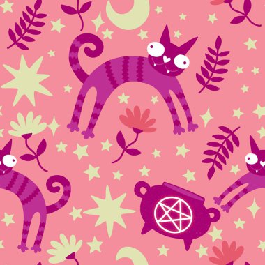 Cadılar Bayramı hayvanları kağıt, kumaş, çarşaf ve çocuk kıyafetleri ve parti aksesuarları için kusursuz kedi desenleri. Yüksek kaliteli illüstrasyon