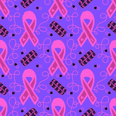 Göğüs kanseri ayı, ambalaj kağıdı, tıbbi aksesuar ve ilaç tekstili için kusursuz pembe kurdele günü deseni. Yüksek kaliteli illüstrasyon