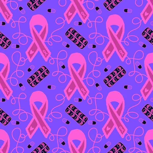 Göğüs kanseri ayı, ambalaj kağıdı, tıbbi aksesuar ve ilaç tekstili için kusursuz pembe kurdele günü deseni. Yüksek kaliteli illüstrasyon