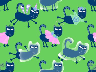 Cadılar Bayramı hayvanları kağıt, kumaş, çarşaf ve çocuk kıyafetleri ve parti aksesuarları için kusursuz kedi desenleri. Yüksek kaliteli illüstrasyon