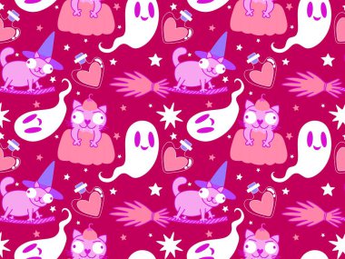 Cadılar Bayramı hayvanları kağıt, kumaş, çarşaf ve çocuk kıyafetleri ve parti aksesuarları için kusursuz kedi desenleri. Yüksek kaliteli illüstrasyon