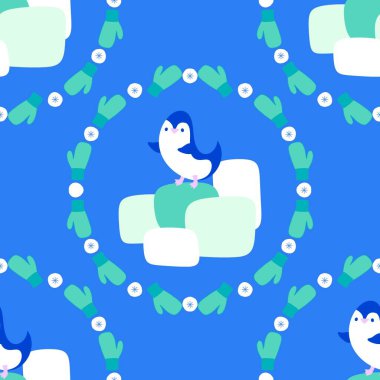 Noel hayvanları kağıt, kumaş, çarşaf, çocuk giysisi baskısı, yeni yıl ambalajı ve Noel kış ambalajı için kusursuz penguen desenleri. Yüksek kaliteli illüstrasyon