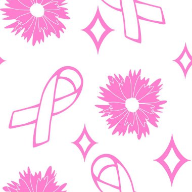 Göğüs kanseri ayı, ambalaj kağıdı, tıbbi aksesuar ve ilaç tekstili için kusursuz pembe kurdele günü deseni. Yüksek kaliteli illüstrasyon