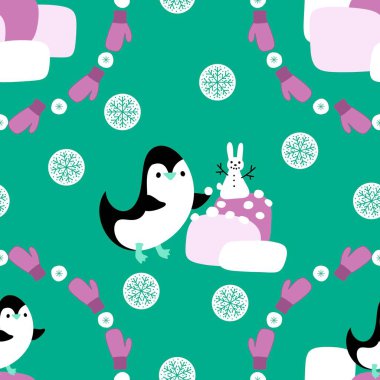 Noel hayvanları kağıt, kumaş, çarşaf, çocuk giysisi baskısı, yeni yıl ambalajı ve Noel kış ambalajı için kusursuz penguen desenleri. Yüksek kaliteli illüstrasyon