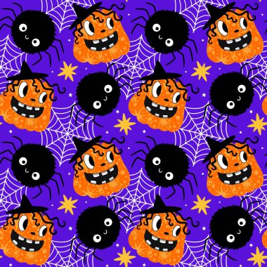 Sonbahar hasadı sebzesiz canavar Cadılar Bayramı balkabağı desenli kağıt, kumaş ve çocuk giysileri baskısı, şenlikli ambalaj ve aksesuarlar. Yüksek kaliteli illüstrasyon