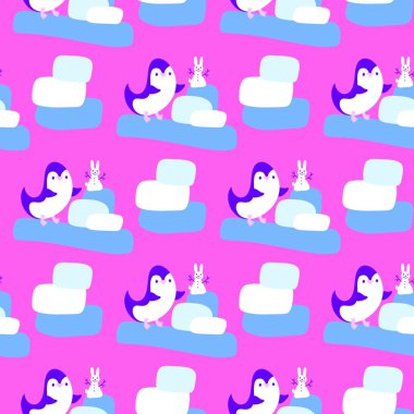 Noel hayvanları kağıt, kumaş, çarşaf, çocuk giysisi baskısı, yeni yıl ambalajı ve Noel kış ambalajı için kusursuz penguen desenleri. Yüksek kaliteli illüstrasyon