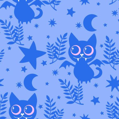 Cadılar Bayramı hayvanları kağıt, kumaş, çarşaf ve çocuk kıyafetleri ve parti aksesuarları için kusursuz kedi desenleri. Yüksek kaliteli illüstrasyon