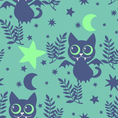 Cadılar Bayramı hayvanları kağıt, kumaş, çarşaf ve çocuk kıyafetleri ve parti aksesuarları için kusursuz kedi desenleri. Yüksek kaliteli illüstrasyon