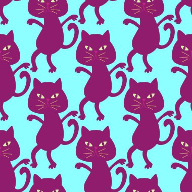 Cadılar Bayramı hayvanları kağıt, kumaş, çarşaf ve çocuk kıyafetleri ve parti aksesuarları için kusursuz kedi desenleri. Yüksek kaliteli illüstrasyon