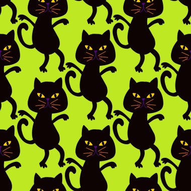 Cadılar Bayramı hayvanları kağıt, kumaş, çarşaf ve çocuk kıyafetleri ve parti aksesuarları için kusursuz kedi desenleri. Yüksek kaliteli illüstrasyon