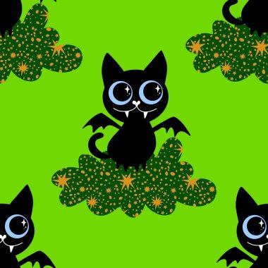 Cadılar Bayramı hayvanları kağıt, kumaş, çarşaf ve çocuk kıyafetleri ve parti aksesuarları için kusursuz kedi desenleri. Yüksek kaliteli illüstrasyon