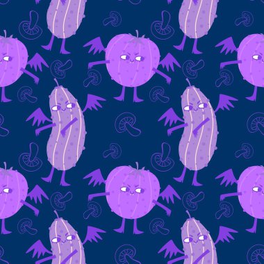 Cadılar Bayramı canavarları domatessiz domates ve salatalık deseni kağıt, kumaş, çarşaf ve parti aksesuarları ve sonbahar baskısı için. Yüksek kaliteli illüstrasyon