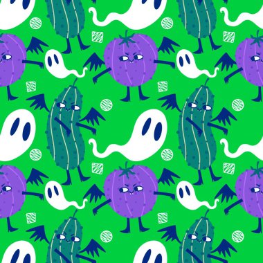 Cadılar Bayramı canavarları domatessiz domates ve salatalık deseni kağıt, kumaş, çarşaf ve parti aksesuarları ve sonbahar baskısı için. Yüksek kaliteli illüstrasyon