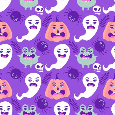 Sonbahar hasadı sebzesiz canavar Cadılar Bayramı balkabağı desenli kağıt, kumaş ve çocuk giysileri baskısı, şenlikli ambalaj ve aksesuarlar. Yüksek kaliteli illüstrasyon