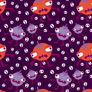 Cadılar Bayramı canavarları, kağıt, kumaş, çarşaf, parti aksesuarları ve sonbahar baskısı için kusursuz domates ve bezelye desenleri. Yüksek kaliteli illüstrasyon