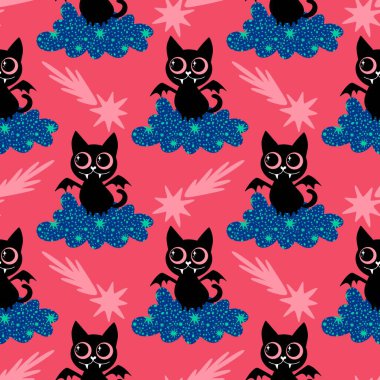 Cadılar Bayramı hayvanları kağıt, kumaş, çarşaf ve çocuk kıyafetleri ve parti aksesuarları için kusursuz kedi desenleri. Yüksek kaliteli illüstrasyon