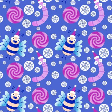 Kumaşlar, tekstil ve ambalajlar, hediyeler, çarşaflar ve ambalaj kağıtları için kışın dikişsiz tırtıllar ve arılar. Yüksek kaliteli illüstrasyon