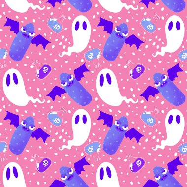 Cadılar Bayramı canavarları, kağıt, kumaş, çarşaf, parti aksesuarları ve sonbahar baskısı için dikişsiz salatalık vampir deseni. Yüksek kaliteli illüstrasyon