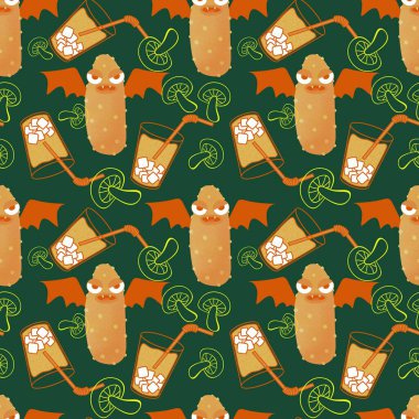 Cadılar Bayramı canavarları, kağıt, kumaş, çarşaf, parti aksesuarları ve sonbahar baskısı için dikişsiz salatalık vampir deseni. Yüksek kaliteli illüstrasyon