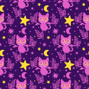 Cadılar Bayramı hayvanları kağıt, kumaş, çarşaf ve çocuk kıyafetleri ve parti aksesuarları için kusursuz kedi desenleri. Yüksek kaliteli illüstrasyon