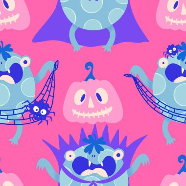 Cadılar Bayramı hayvanlarının çizgi filmlerindeki kusursuz kurbağalar kağıt, kumaş, çarşaf, çocuk giysisi baskısı, sonbahar ambalajı ve parti aksesuarları için canavar desenleri. Yüksek kaliteli illüstrasyon