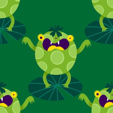 Cadılar Bayramı hayvanlarının çizgi filmlerindeki kusursuz kurbağalar kağıt, kumaş, çarşaf, çocuk giysisi baskısı, sonbahar ambalajı ve parti aksesuarları için canavar desenleri. Yüksek kaliteli illüstrasyon