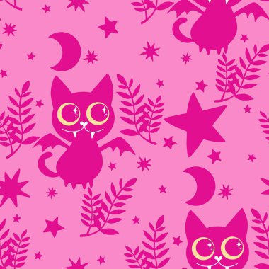 Cadılar Bayramı hayvanları kağıt, kumaş, çarşaf ve çocuk kıyafetleri ve parti aksesuarları için kusursuz kedi desenleri. Yüksek kaliteli illüstrasyon