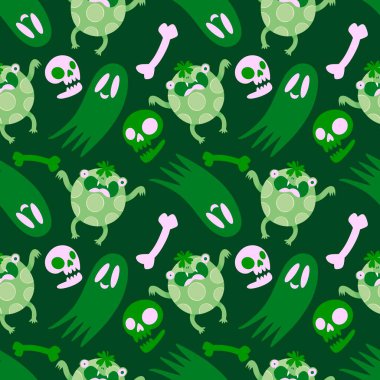 Cadılar Bayramı hayvanlarının çizgi filmlerindeki kusursuz kurbağalar kağıt, kumaş, çarşaf, çocuk giysisi baskısı, sonbahar ambalajı ve parti aksesuarları için canavar desenleri. Yüksek kaliteli illüstrasyon