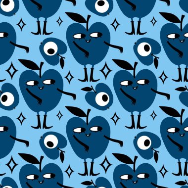 Cadılar Bayramı canavarları kağıt, kumaş, çarşaf, parti aksesuarları ve sonbahar baskısı için elmasız meyve desenleri. Yüksek kaliteli illüstrasyon